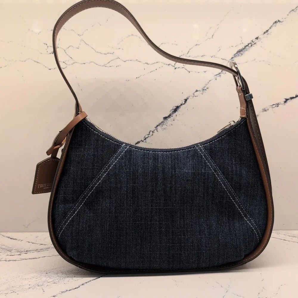 TRUE‎ RELIGION Blue Denim Crescent Shoulder Handbag Purse NWT